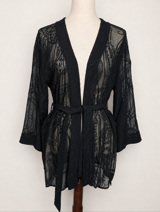 All Saints Tops - All Saints Carina Ossia Embroidered Tie Waist Wrap Kimono Sheer Black Size 2
